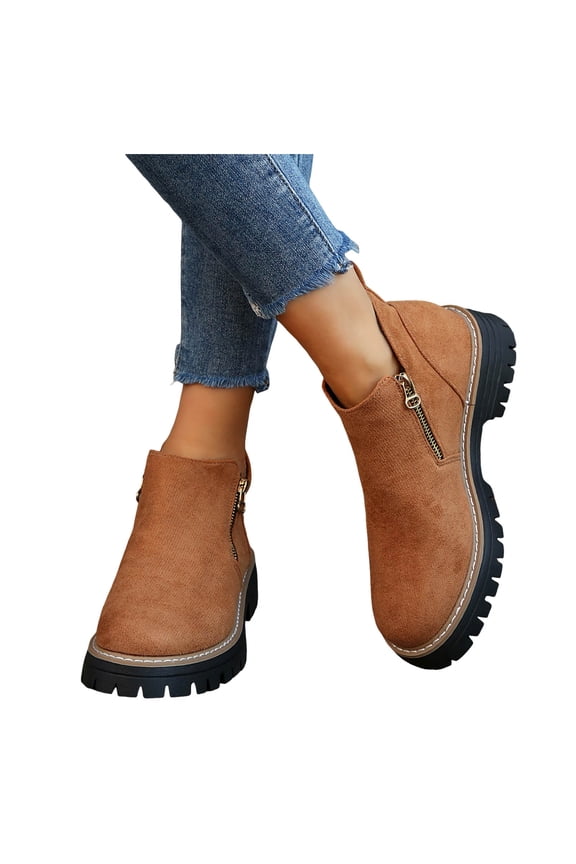 Women's Platform Chelsea Boots Chunky Low Heel Ankle Booties Side Zipper Slip on Elastic Fall Dress Short Boots Brown 8