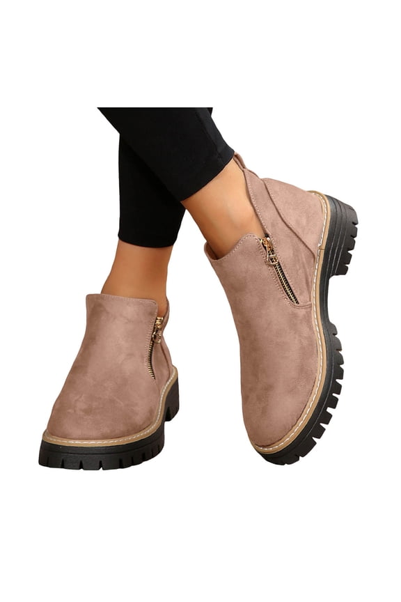 Women's Platform Chelsea Boots Chunky Low Heel Ankle Booties Side Zipper Slip on Elastic Fall Dress Short Boots Pink 8.5