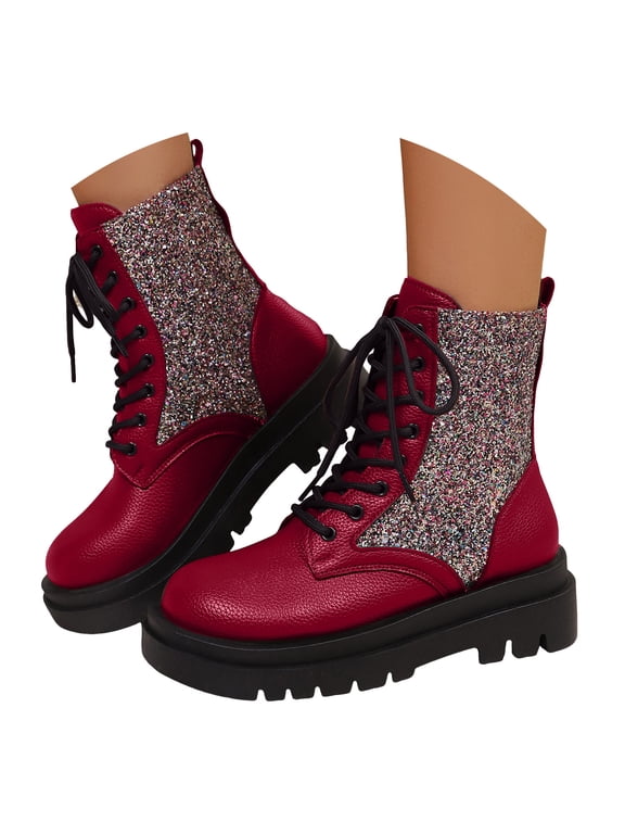 Women's Platform Combat Ankle Boots Rhinestone Lace up Short Booties Fall Winter Streetwear Fashion Chelsea Shoes Red 7.5