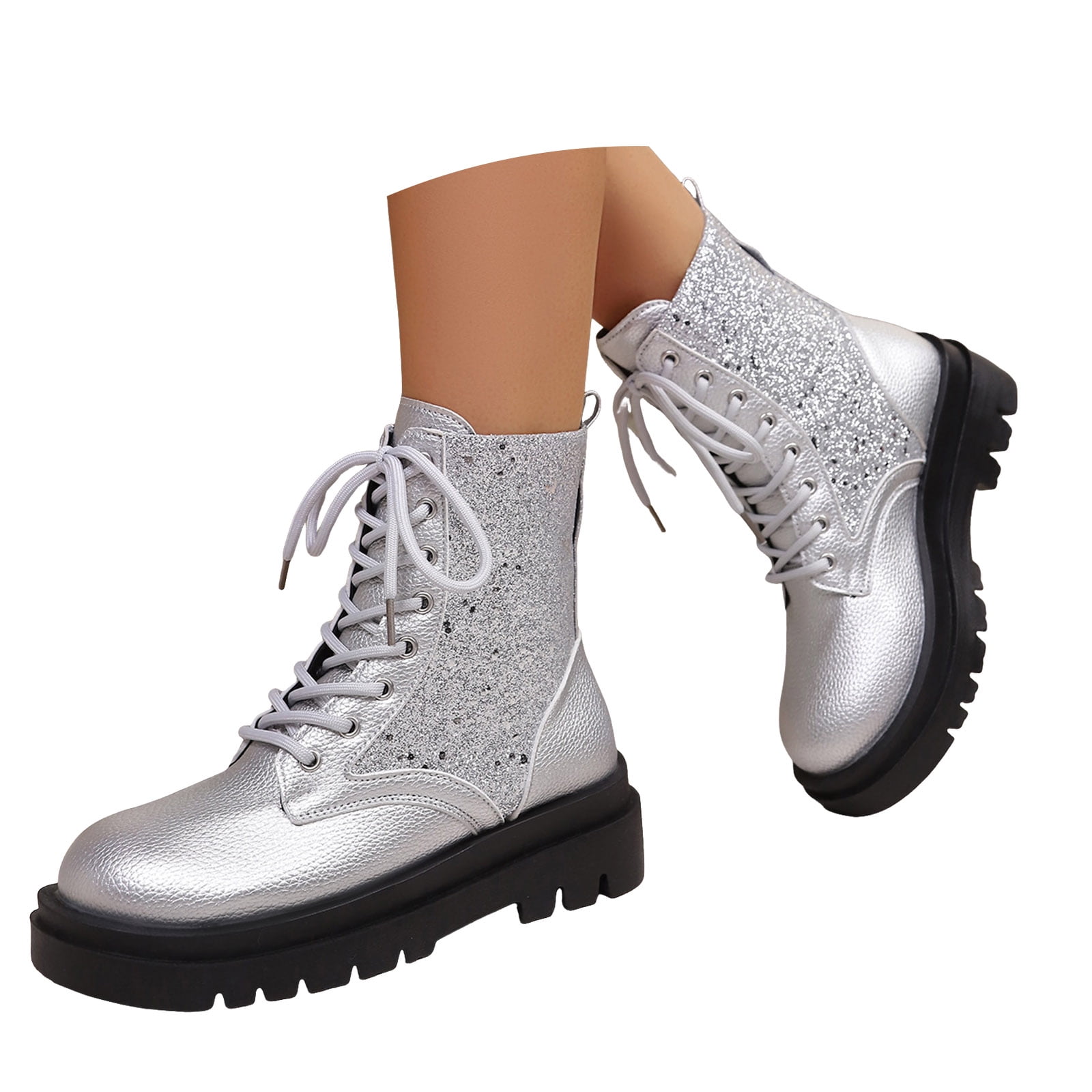 Dakaela Women's Platform Combat Ankle Boots Rhinestone Lace up Short  Booties Fall Winter Streetwear Fashion Chelsea Shoes Silver 9, image size:1600x1600