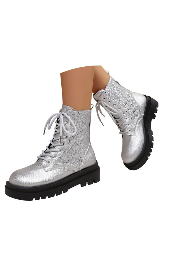 Women's Platform Combat Ankle Boots Rhinestone Lace up Short Booties Fall Winter Streetwear Fashion Chelsea Shoes Silver 9
