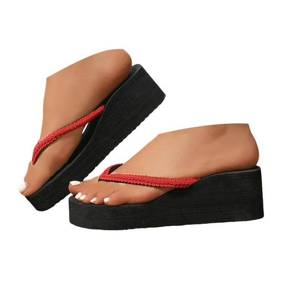 Dakaela Women's Platform Flip Flop Rhinestones Arch Support Cushion Wedge Summer Thong Sandals Red 8.5