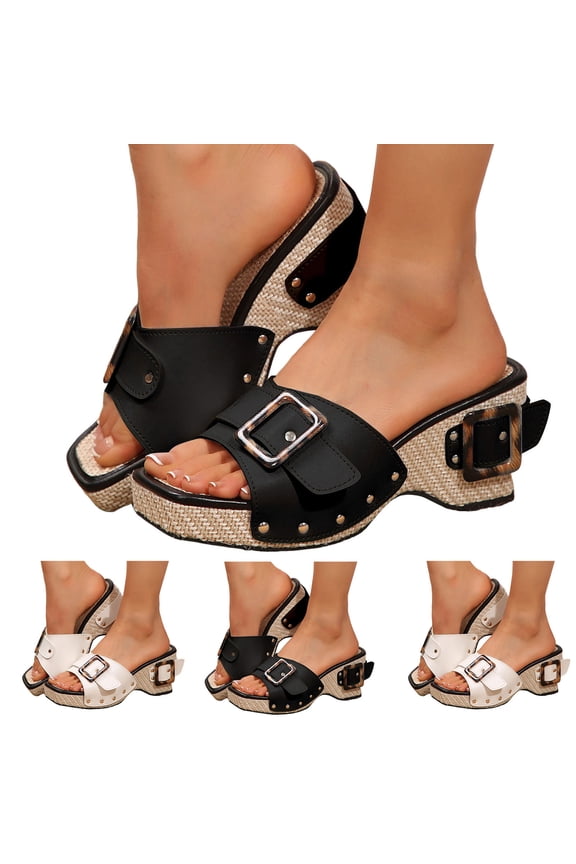 Women's Platform Mule Sandals Square Toe 3.15 Inch Chunky Heels Slip on Slides Comfortable Wedge Dressy Summer Pumps Shoes Black 6.5