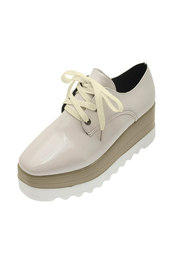 Women's Platform Oxfords Shoes Chunky Wingtips Slip on Loafers Lace up Dressy Sneakers Beige 7