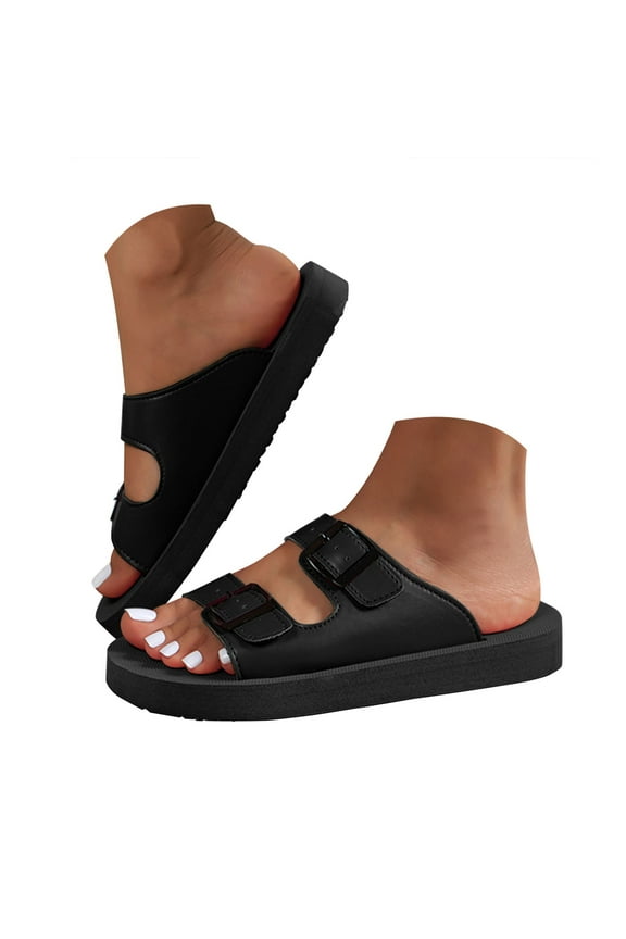 Women's Platform Sandals Arch Support Foam Slip on Slides Two Buckle EVA Flat Sandal Black 8.5