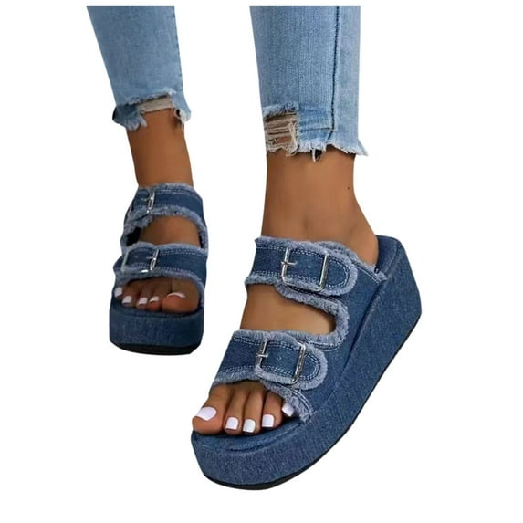 Dakaela Women's Platform Sandals Cork Footbed Denim Clogs Double Buckles Slip on Slide Shoes Blue 7
