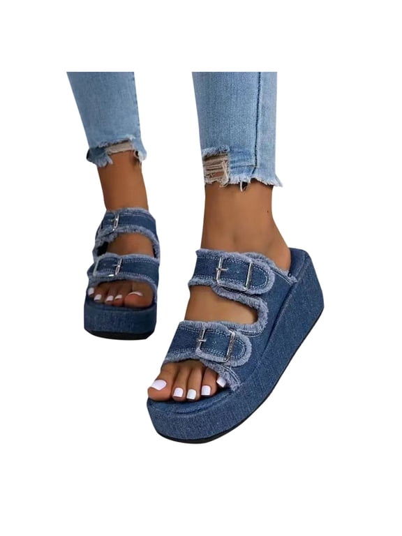 Women's Platform Sandals Cork Footbed Denim Clogs Double Buckles Slip on Slide Shoes Blue 8.5