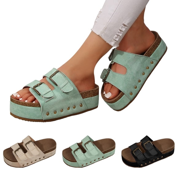 Dakaela Women's Platform Sandals Cork Footbed Slip on Slides Clogs Comfortable Summer Beach Mules Shoes with Adjustable Buckles Beige 9