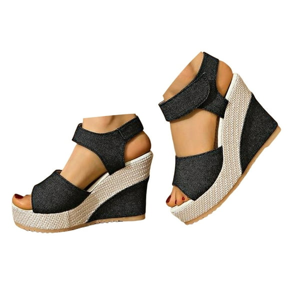 Dakaela Women's Platform Sandals Open Toe Espadrilles Wedges Dressy Shoes Ankle Strap Denim Slip on Sandal