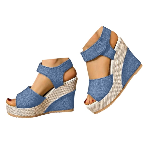 Dakaela Women's Platform Sandals Open Toe Espadrilles Wedges Dressy Shoes Ankle Strap Denim Slip on Sandal