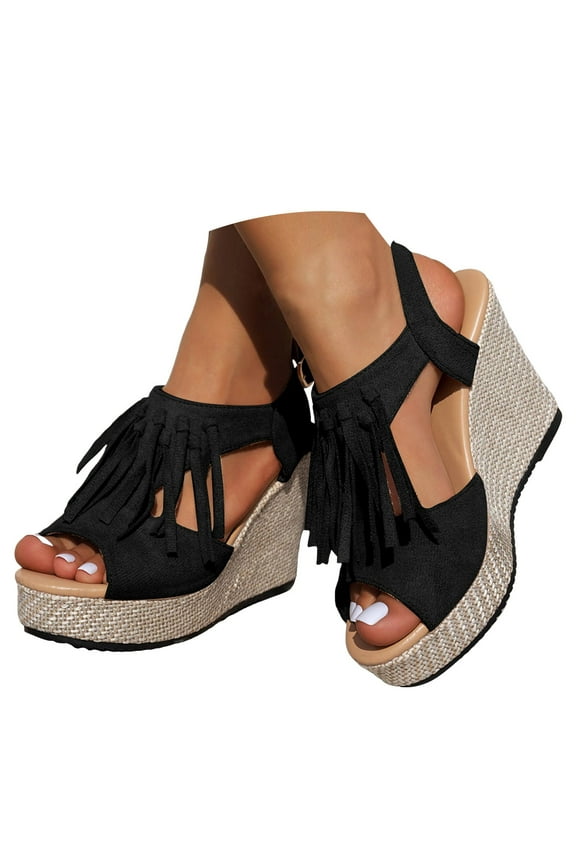 Women's Platform Wedge Sandals Comfortable Ankle Strap Tassel Casual Shoes Dressy Summer Sandal