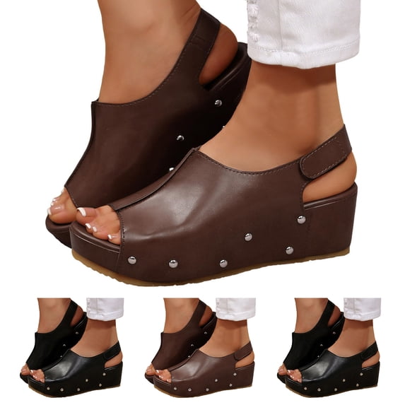 Dakaela Women's Platform Wedge Sandals Comfortable Leather Cork Heeled Slip on Slides 2.36 Inch Slingback Casual Dressy Summer Walking Shoes Black 6.5