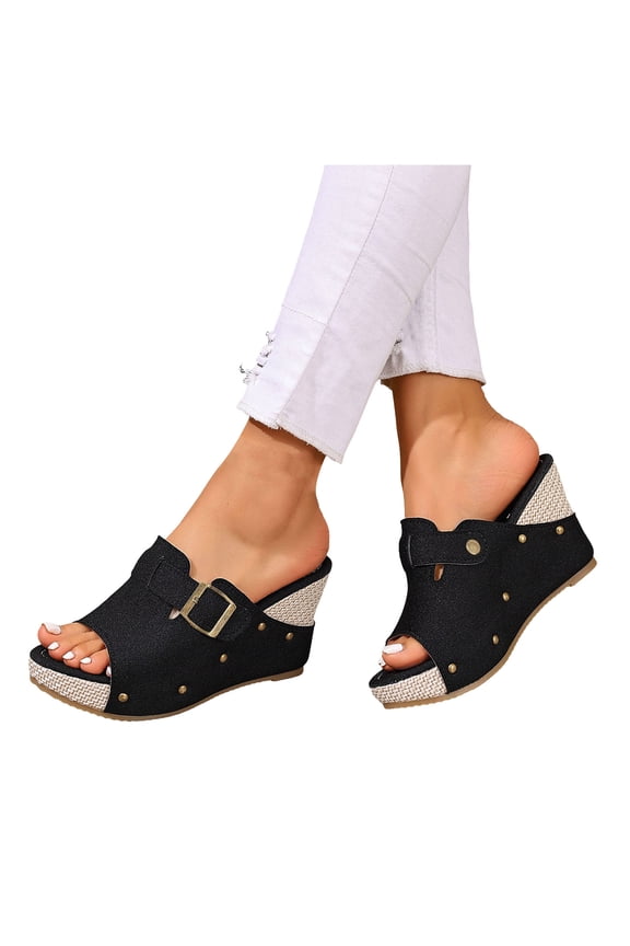 Women's Platform Wedge Sandals Open Toe Cork Heeled Slip on Espadrilles Mules Wide Width Casual Dressy Summer Beach Shoes Black Size 8.5