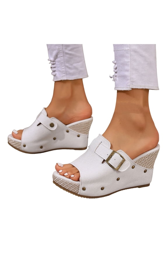 Women's Platform Wedge Sandals Open Toe Cork Heeled Slip on Espadrilles Mules Wide Width Casual Dressy Summer Beach Shoes White Size 8