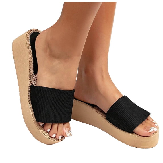 Dakaela Women's Platform Wedge Sandals Open Toe Summer Espadrilles Elastic Band Comfortable Slip on Beach Walking Slides Shoes Black Size 5.5