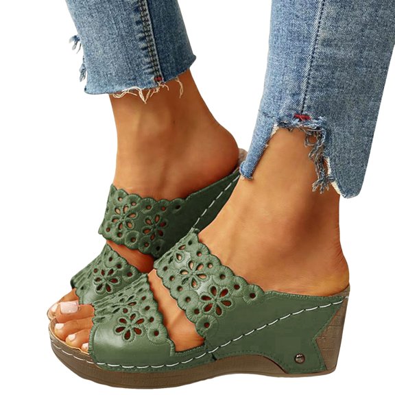Dakaela Women's Platform Wedge Sandals Peep Toe High Heel Summer Slides Casual Slip on Shoes Green 7.5
