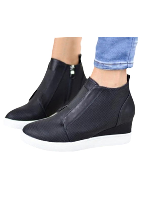 Women's Platform Wedge Sneakers Hidden Heel Ankle Booties Side Zipper Casual Walking Slip on Fall Boots Black 5.5