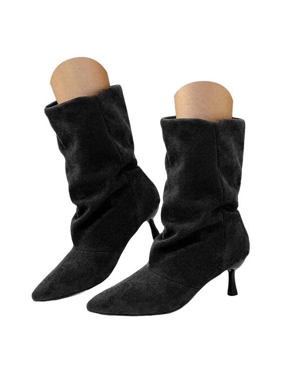 Women's Pointed Toe Dress Boots Retro Suede Kitten Heel Wide Mid Calf Booties Ladies Fashion Pumps Boot Size 6-9