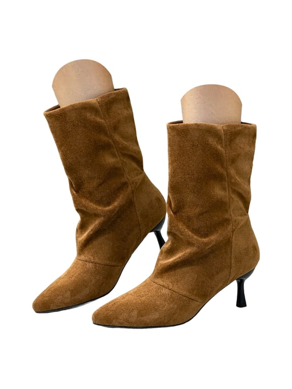 Women's Pointed Toe Dress Boots Retro Suede Kitten Heel Wide Mid Calf Booties Ladies Fashion Pumps Boot Size 6-9