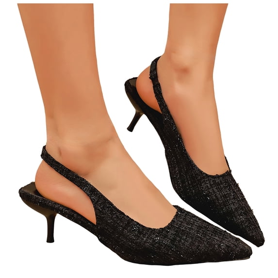 Dakaela Women's Pumps Slingback Low Kittens Heels Plaid Denim Sparkly Dressy Sandals Wedding Bridal Prom Party Dress Shoes Size 6-10 Black