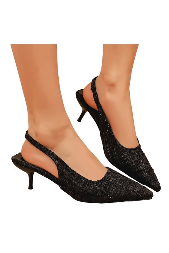 Women's Pumps Slingback Low Kittens Heels Plaid Denim Sparkly Dressy Sandals Wedding Bridal Prom Party Dress Shoes Size 6-10 Black