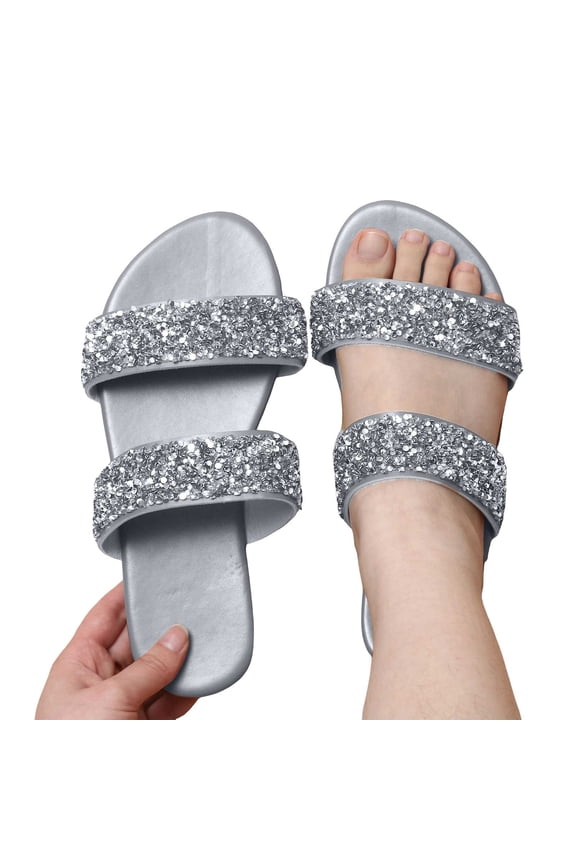 Women's Rhinestone Flat Sandals Open Toe Slip on Slides Two Strap Summer Slippers Silver 5