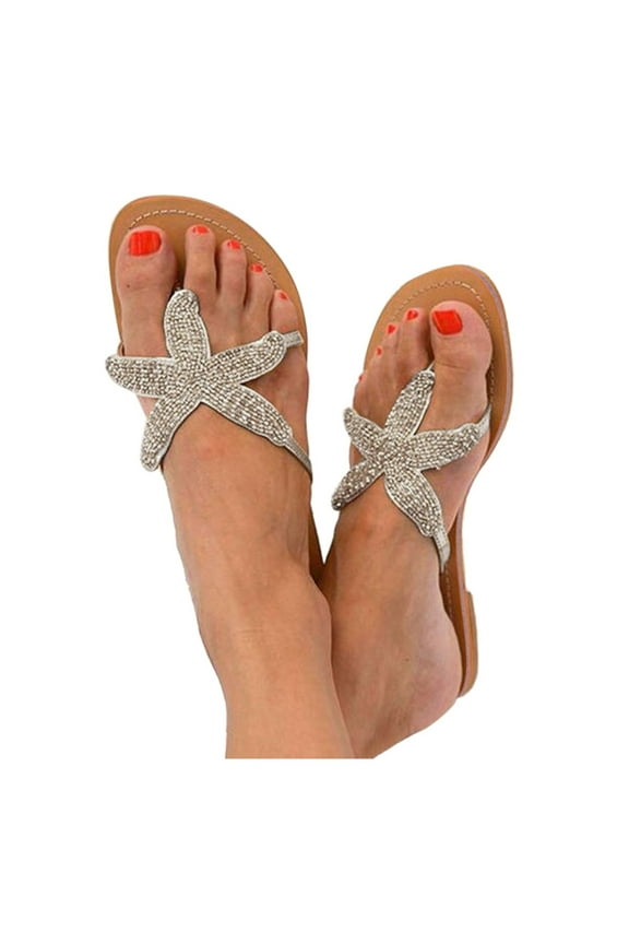 Women's Rhinestone Flip Flops Glitter Bling Casual Slide Sandals Open Toe Flat Shoes Silver 7.5