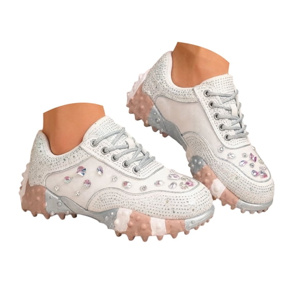 Dakaela Women's Rhinestone Walking Shoes Non Slip Sparkly Fashion Chunky Sneakers Lace up Workout Gym Casual Running Shoes Size 6-10 Silver