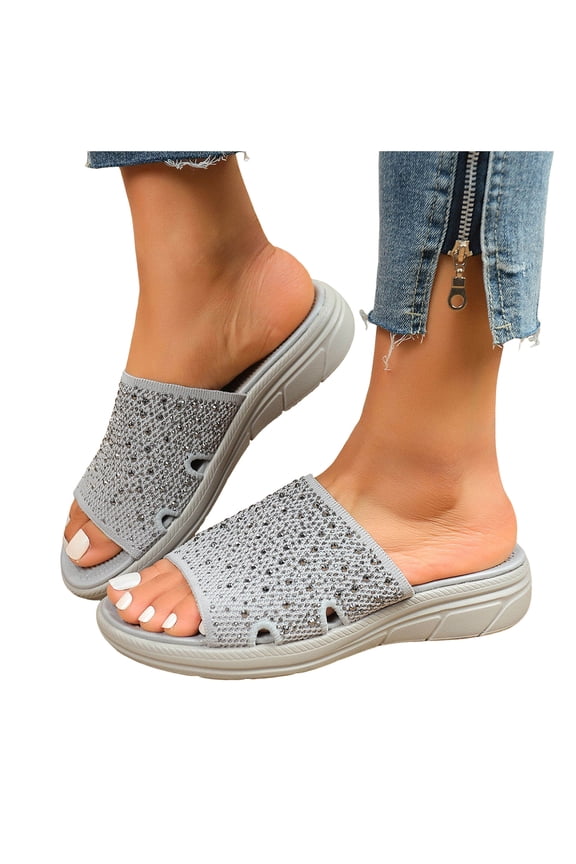 Women's Rhinestones Platform Slides Sandals Knit Fashion Comfortable Open Toe Slip On Summer Walking Slippers (6.5,Grey)