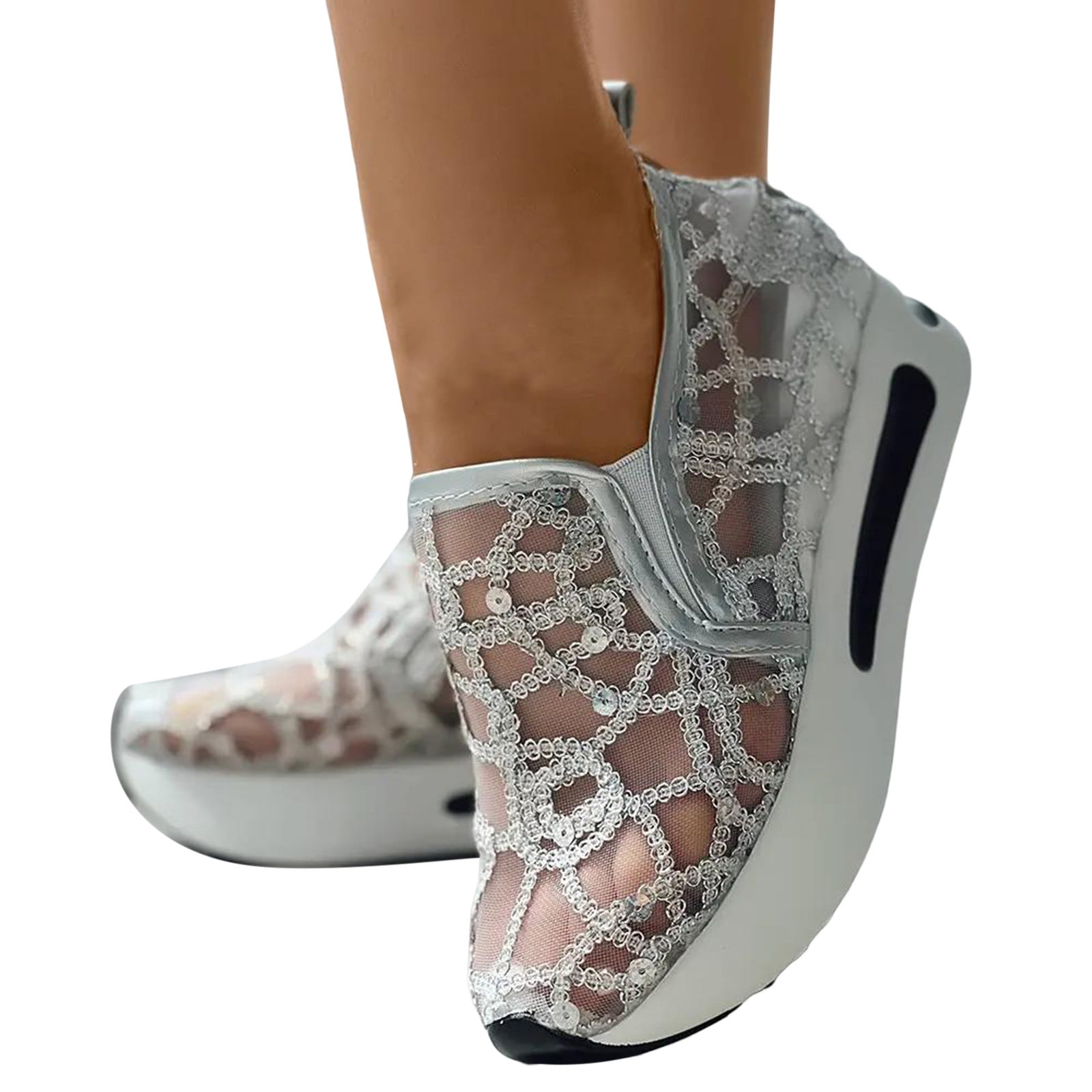 Dakaela Platform Wedge Sneakers for Women Hidden High Heels Slip on Loafers Walking Work Shoes Silver 7