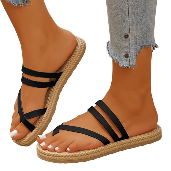 Dakaela Women's Slide Sandals Comfortable Strappy Open Toe Flip Flops Slides Toe Ring Summer Beach Slip on Dress Slippers Shoes Black Size 10.5