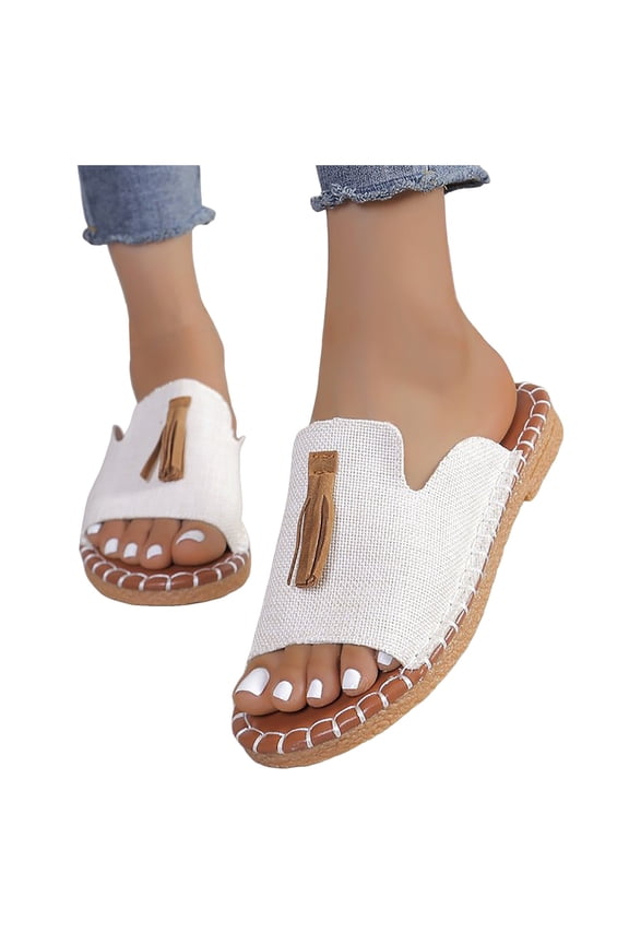 Women's Slide Sandals Open Toe Tassel Beach Shoes Non Slip Outdoor Walking Slippers White 8.5