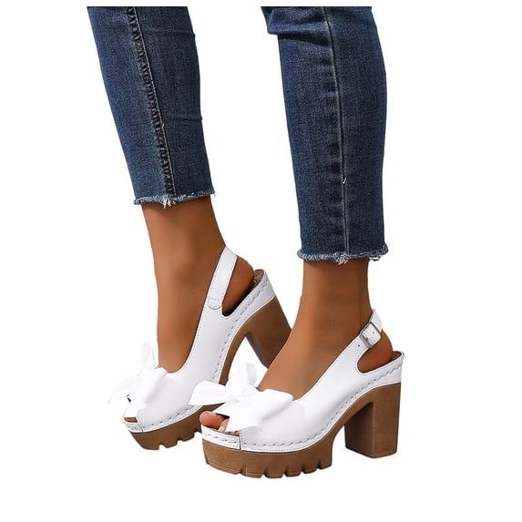 Dakaela Women's Slingback Chunky Heels Sandals Open Toe Leather Bow Platform Wedge Dress Walking Pumps Shoes for Prom Wedding Party White 9