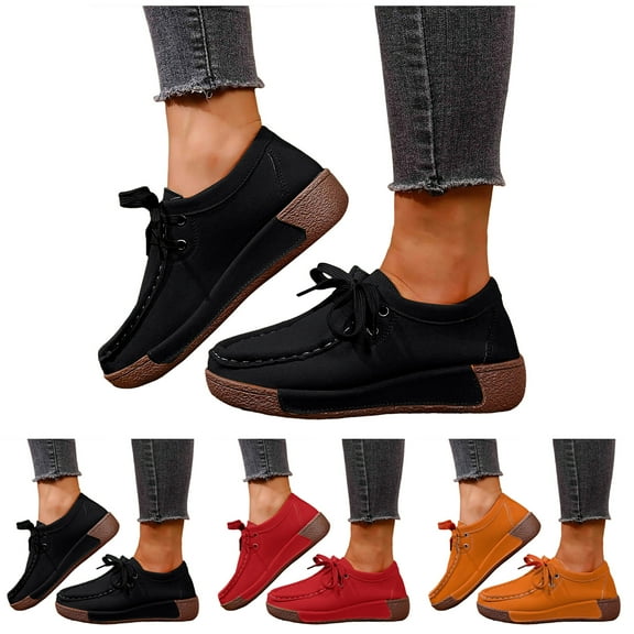 Dakaela Women's Slip on Casual Boat Shoes Lightweight Lace up Flat Walking Loafers Platform Wedge Office Work Shoes Black 8