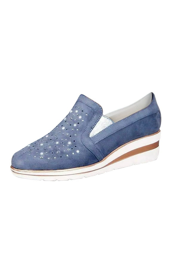 Women's Slip on Casual Shoes Rhinestone Canvas Loafers Running Walking Wedge Sneakers Blue 7