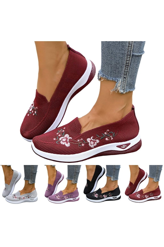 Women's Slip on Flat Loafers Arch Support Embroidery Orthopedic Sneakers Breathable Mesh Casual Walking Nurse Shoes Black 6.5