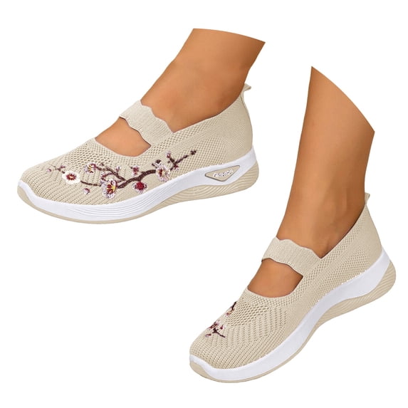 Dakaela Women's Slip on Loafer Shoes 2026 Embroidery Mesh Knit Platform Casual Orthopedic Shoes Comfortable Walking Running Sneakers Beige 9