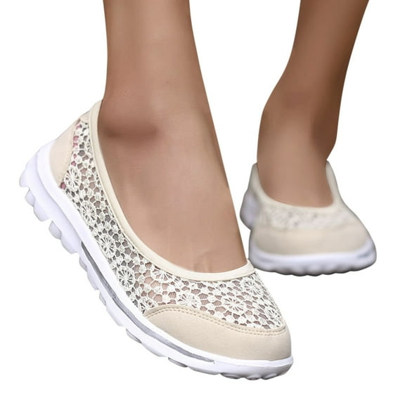 Dakaela Women's Slip on Loafer Shoes Mesh Ballet Flat Nurse Walking Sneakers with Memory Foam Beige 6.5