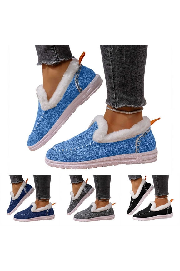 Women's Slip on Loafers Orthopedic Fleece Lined Boat Shoes Arch Support Denim Canvas Casual Walking Flats Black 8
