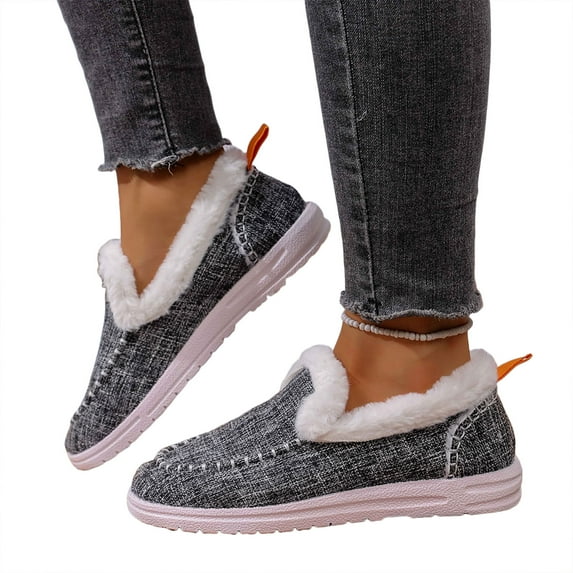 Dakaela Women's Slip on Loafers Orthopedic Fleece Lined Boat Shoes Arch Support Denim Canvas Casual Walking Flats Grey 6.5