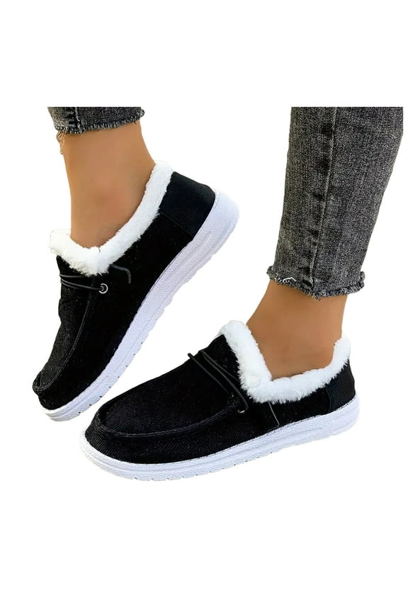 Women's Slip on Loafers Orthopedic Winter Flat Snow Boots Fleece Lined Boat Casual Shoes Outdoor Plush Short Booties Black 8