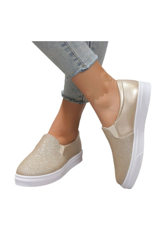 Women's Slip on Loafers Rhinestone Fashion Sneakers Glitter Casual Platform Walking Shoes Gold 7