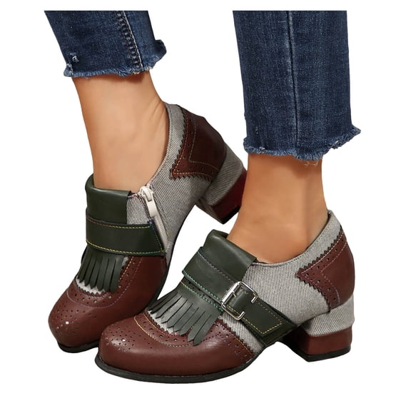 Dakaela Women's Slip on Loafers Vintage Chunky Heel Tassel Ankle Boots Round Toe Office Business Work Shoes Wine 8.5