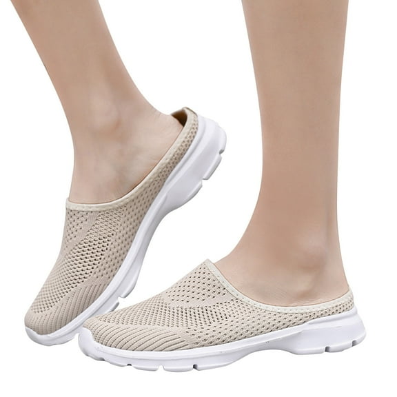 Dakaela Women's Slip on Mesh Sneakers Backless Knit Sport Mules Comfortable Walking Slippers Beige 6.5