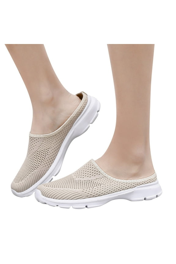 Women's Slip on Mesh Sneakers Backless Knit Sport Mules Comfortable Walking Slippers Beige 6.5