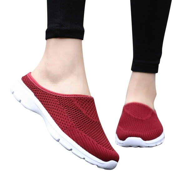 Dakaela Women's Slip on Mesh Sneakers Backless Knit Sport Mules Comfortable Walking Slippers Red 7