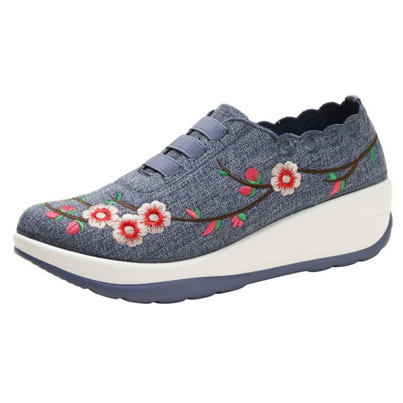 Dakaela Women's Slip on Shoes Embroidery Low Wedge Casual Flats Lightweight Walking Sneakers Blue 7