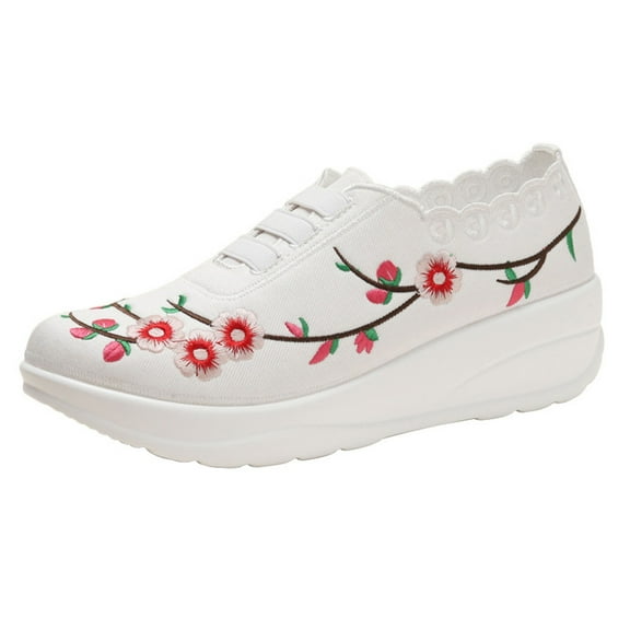 Dakaela Women's Slip on Shoes Embroidery Low Wedge Casual Flats Lightweight Walking Sneakers White 6