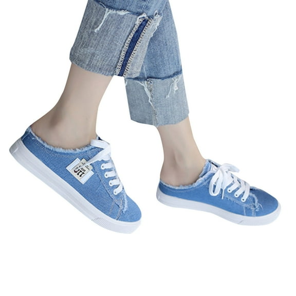 Dakaela Women's Slip on Sneakers Canvas Backless Casual Mules Shoes Comfortable Walking Loafers Blue 7