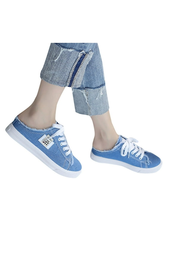 Women's Slip on Sneakers Canvas Backless Casual Mules Shoes Comfortable Walking Loafers Blue 7